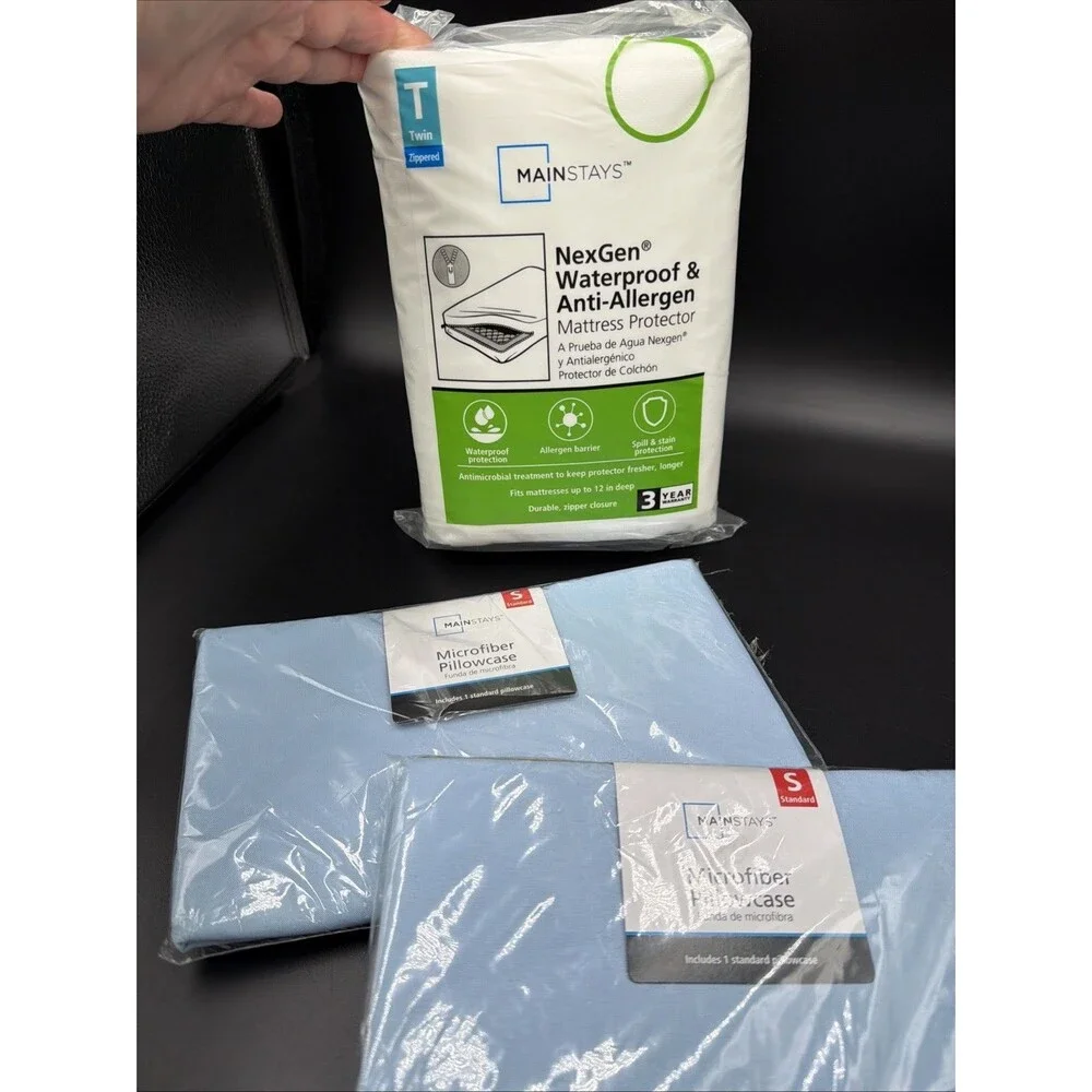 New Mainstays Waterproof Anti-Allergen Zip Mattress Protector TWIN 2 Pillowcases